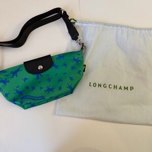 Longchamp Green Bag with Blue Print and Black Strap